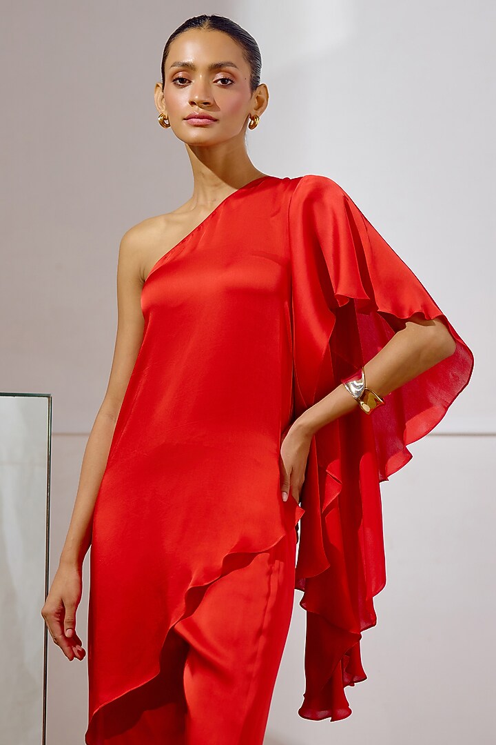 Red Satin Georgette One-Shoulder Tunic Set by Lavanya Ahuja at Pernia's Pop Up Shop