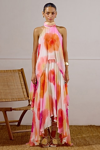 Multi-Colored Chiffon Printed Layered Dress by Lavanya Ahuja