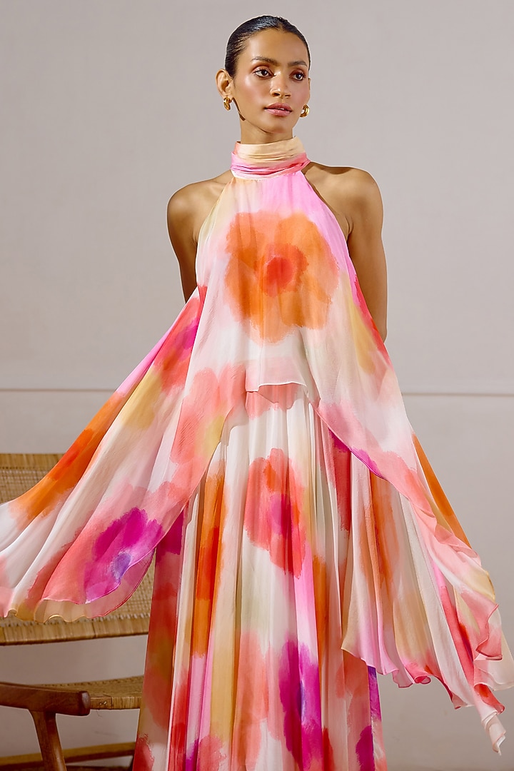 Multi-Colored Chiffon Printed Layered Vacation Dress by Lavanya Ahuja at Pernia's Pop Up Shop