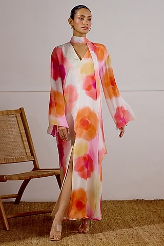 Multi-Colored Chiffon Printed Kaftan Dress by Lavanya Ahuja