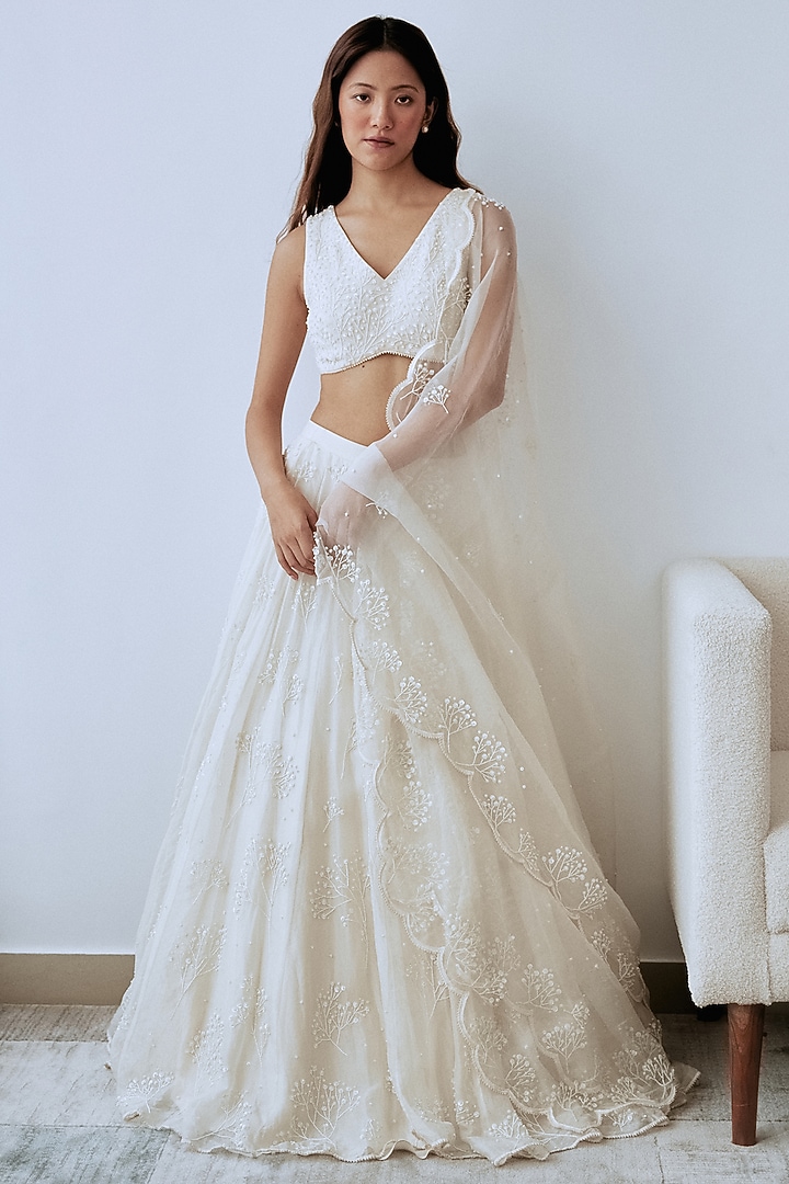 Ivory Organza Hand Embroidered Bridal Lehenga Set by Lavanya Ahuja at Pernia's Pop Up Shop