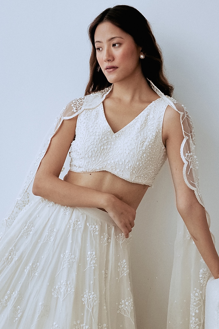 Ivory Organza Hand Embroidered Bridal Lehenga Set by Lavanya Ahuja at Pernia's Pop Up Shop