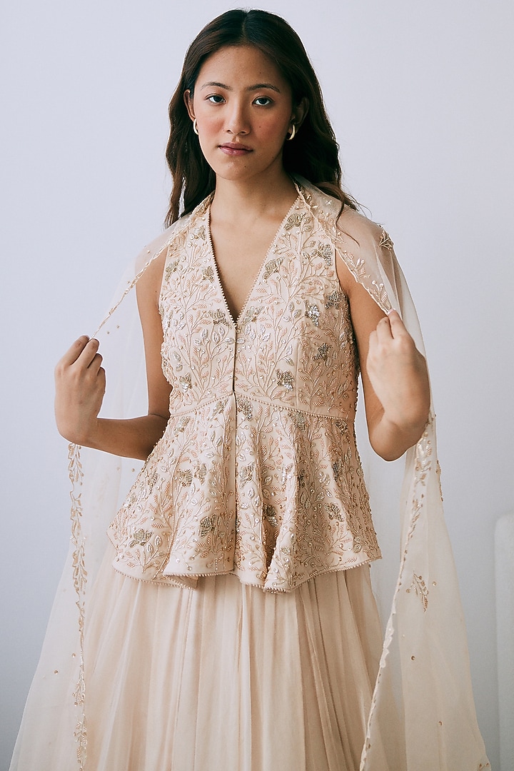 Sand Beige Organza Gathered Wedding Lehenga Set by Lavanya Ahuja at Pernia's Pop Up Shop