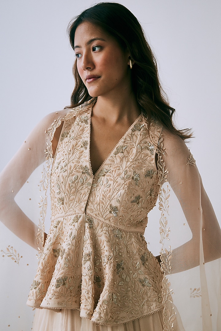 Sand Beige Organza Gathered Wedding Lehenga Set by Lavanya Ahuja at Pernia's Pop Up Shop