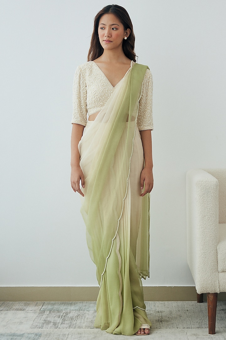 Ivory & Green Ombre Georgette Pre-Stitched Saree Set by Lavanya Ahuja