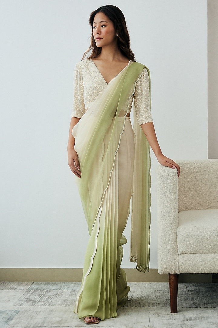 Ivory & Green Ombre Georgette Pre-Stitched Wedding Saree Set by Lavanya Ahuja at Pernia's Pop Up Shop