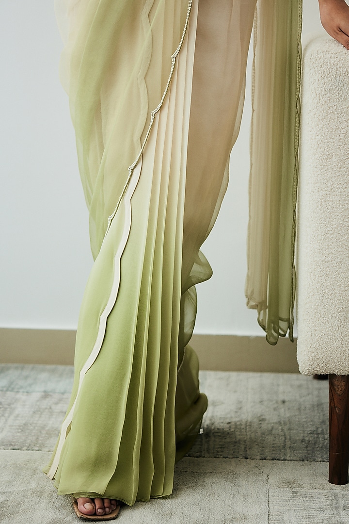 Ivory & Green Ombre Georgette Pre-Stitched Wedding Saree Set by Lavanya Ahuja at Pernia's Pop Up Shop