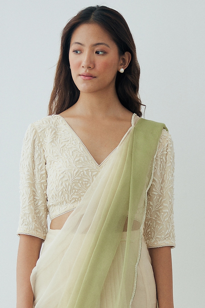 Ivory & Green Ombre Georgette Pre-Stitched Wedding Saree Set by Lavanya Ahuja at Pernia's Pop Up Shop