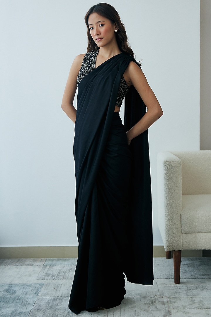 Black Georgette Knotted Draped Party Wear Saree Set by Lavanya Ahuja at Pernia's Pop Up Shop