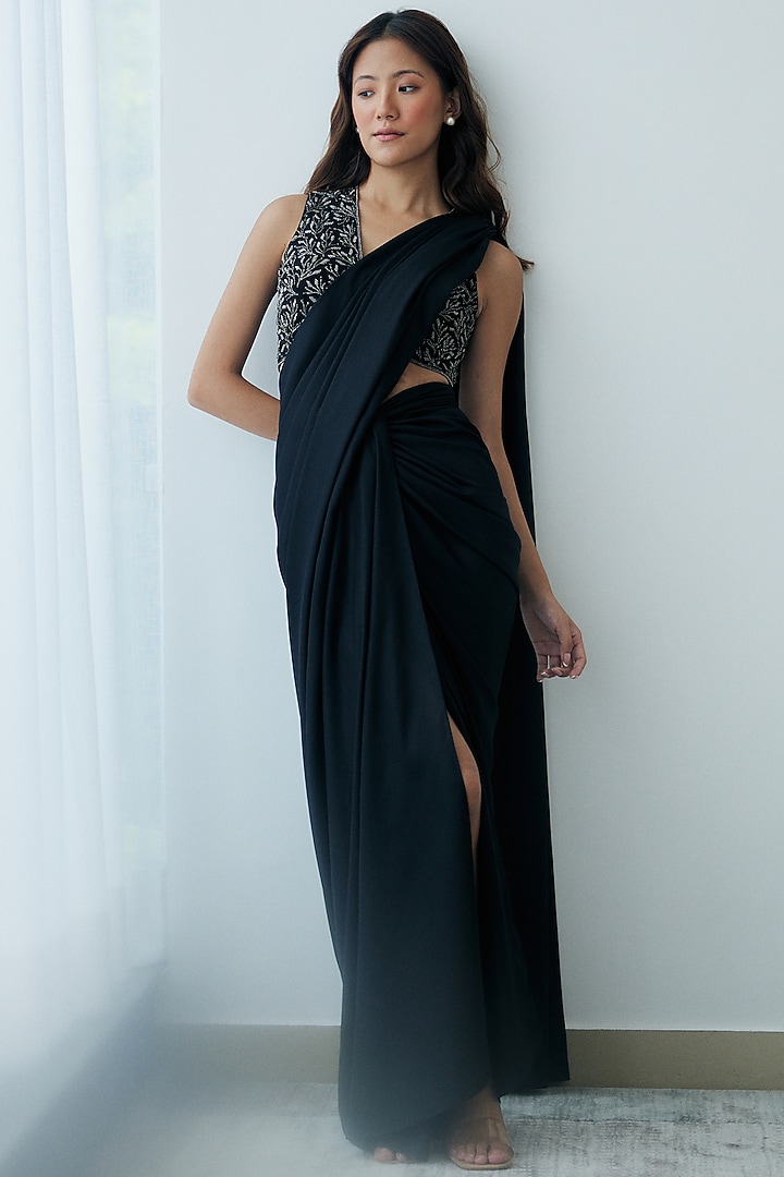 Black Georgette Knotted Draped Party Wear Saree Set by Lavanya Ahuja at Pernia's Pop Up Shop