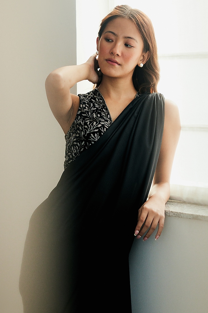 Black Georgette Knotted Draped Party Wear Saree Set by Lavanya Ahuja at Pernia's Pop Up Shop
