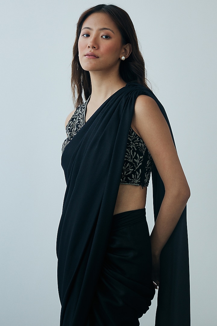 Black Georgette Knotted Draped Party Wear Saree Set by Lavanya Ahuja at Pernia's Pop Up Shop