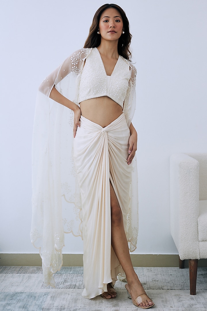 Ivory Satin & Crepe Draped Skirt Set by Lavanya Ahuja