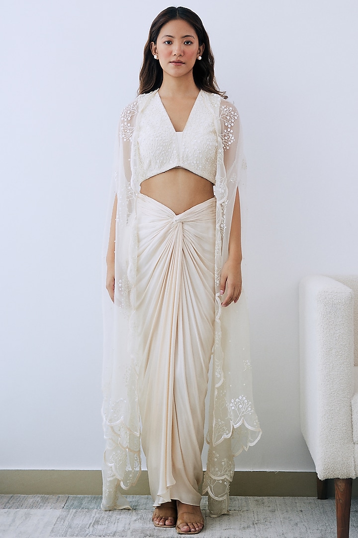 Ivory Satin & Crepe Draped Skirt Set by Lavanya Ahuja at Pernia's Pop Up Shop