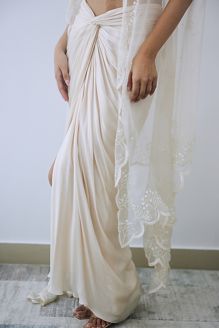 Ivory Satin & Crepe Draped Skirt Set by Lavanya Ahuja at Pernia's Pop Up Shop
