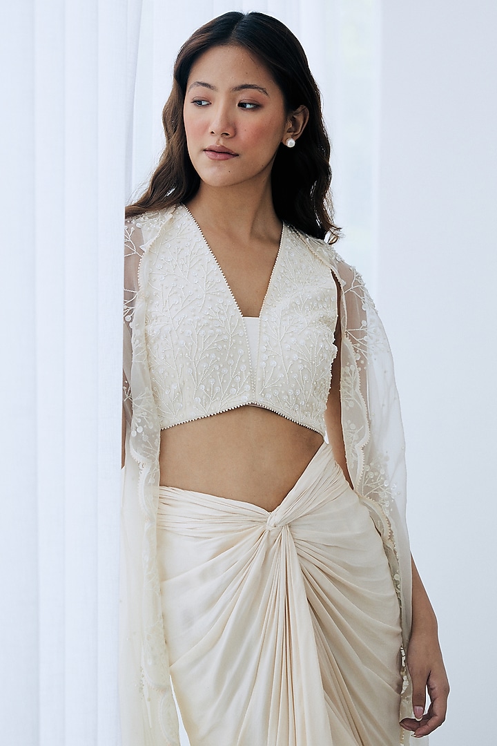 Ivory Satin & Crepe Draped Skirt Set by Lavanya Ahuja at Pernia's Pop Up Shop