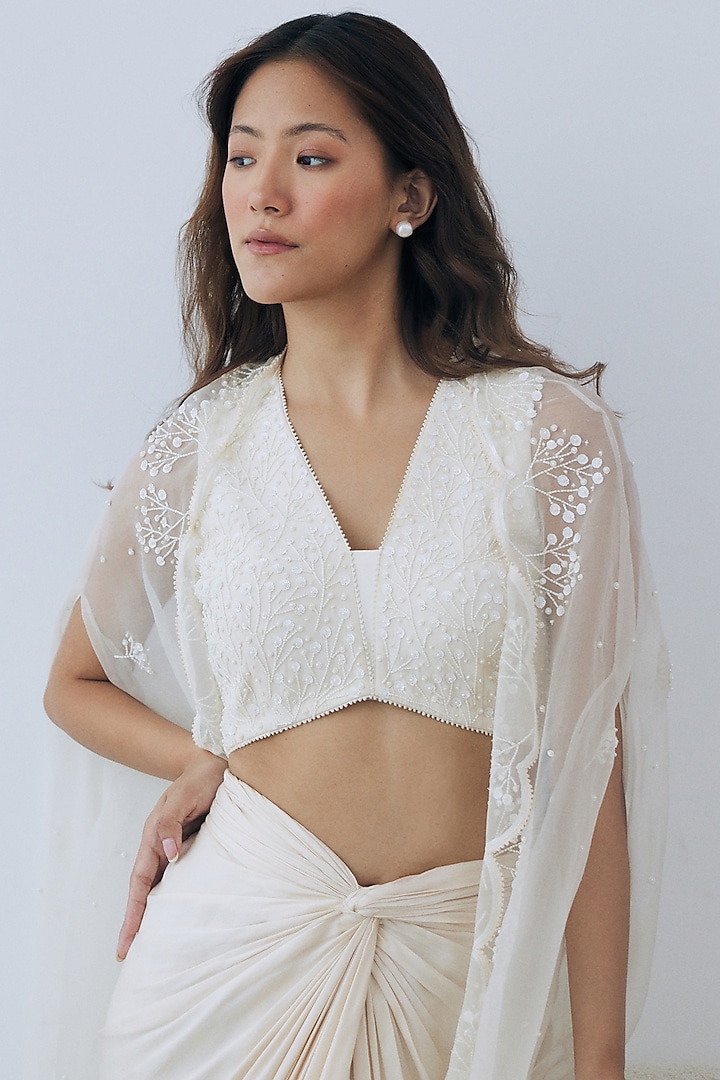 Ivory Satin & Crepe Draped Skirt Set by Lavanya Ahuja at Pernia's Pop Up Shop