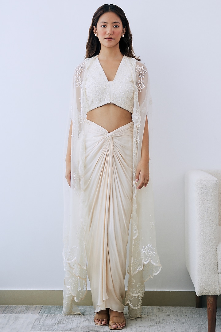 Ivory Silk Organza Sequins & Beads Embroidered Cape Set by Lavanya Ahuja