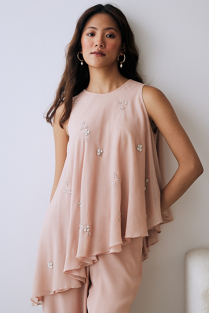 Blush Pink Chiffon Sequins & Bead Embroidered Tunic Set by Lavanya Ahuja at Pernia's Pop Up Shop