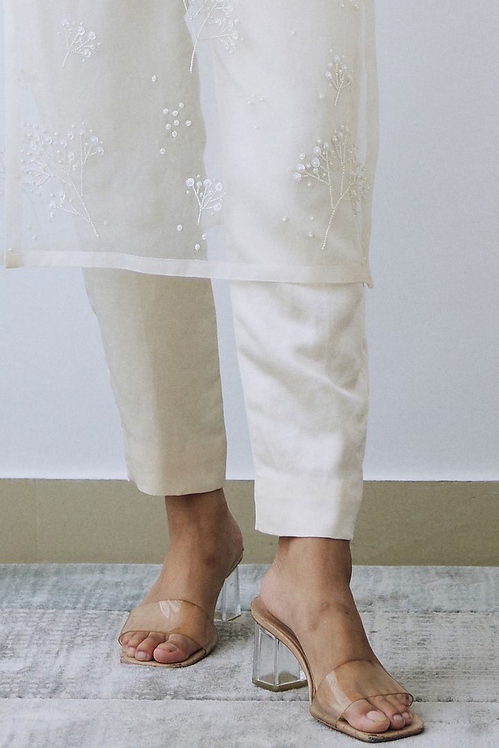 Ivory Satin Linen & Organza Sequins Embroidered Tunic Set by Lavanya Ahuja at Pernia's Pop Up Shop