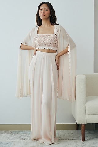 Pale Blush Pink Georgette Cape Set by Lavanya Ahuja