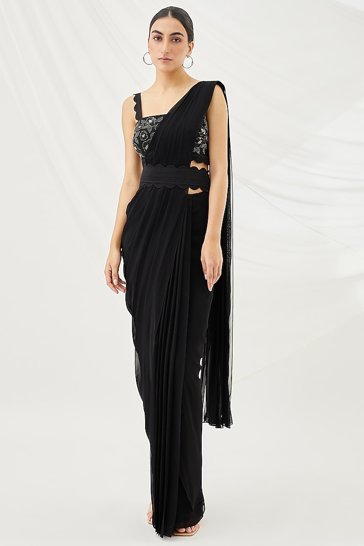 Black Georgette Pre-Draped Saree Set by Lavanya Ahuja