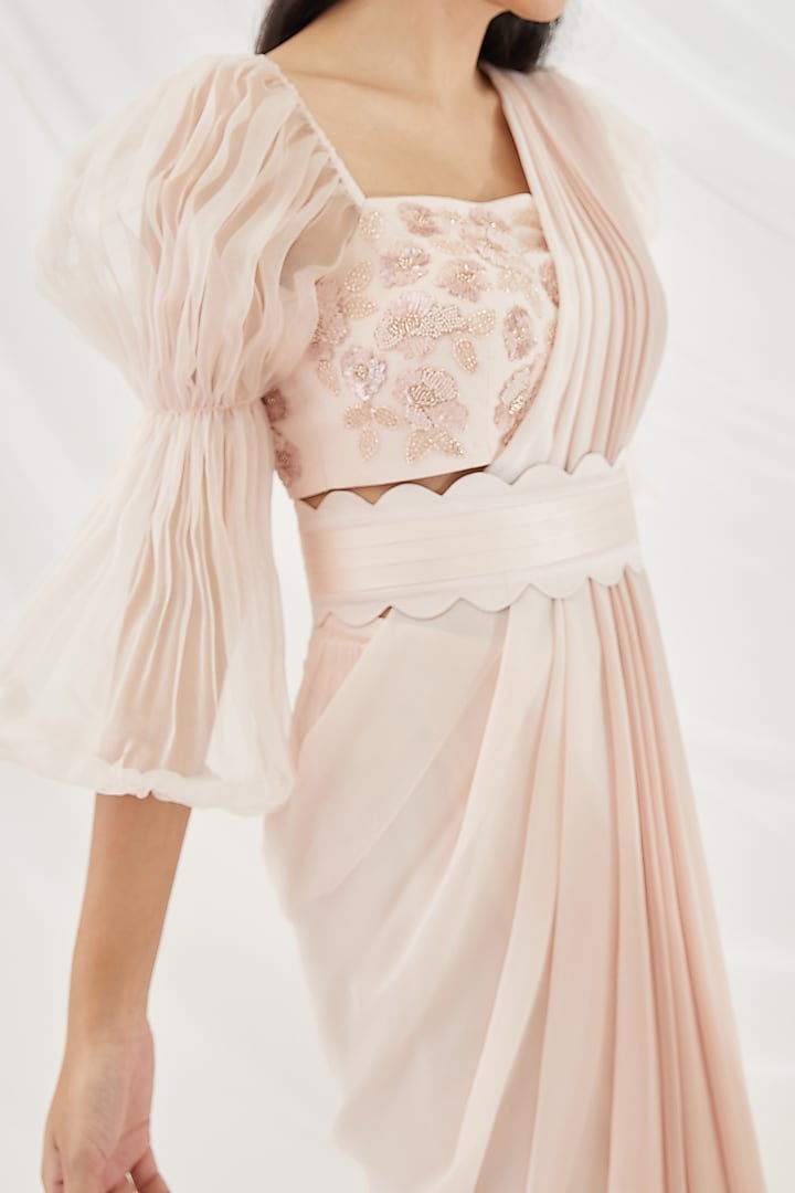 Blush Pink Georgette Pre-Draped Wedding Saree Set by Lavanya Ahuja at Pernia's Pop Up Shop