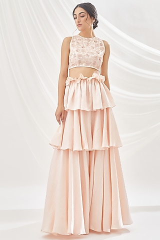 Blush Pink Layered Skirt Set by Lavanya Ahuja