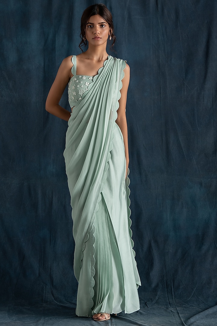 Mint Green Georgette & Satin Pre-Draped Saree Set Design by Lavanya Ahuja  at Pernia's Pop Up Shop 2024