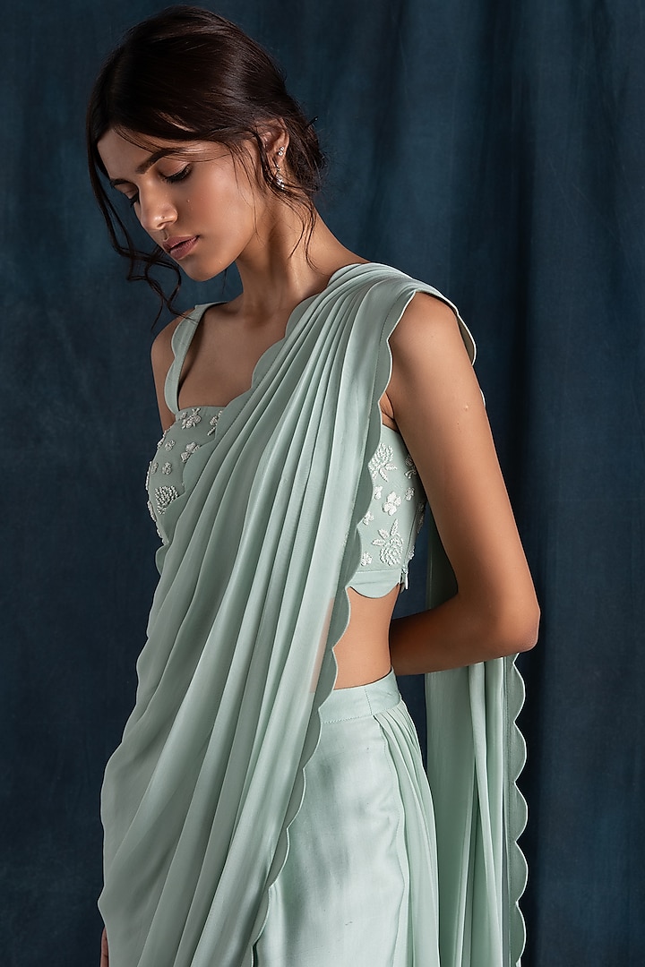 Mint Green Georgette & Satin Pre-Draped Party Wear Saree Set by Lavanya Ahuja at Pernia's Pop Up Shop