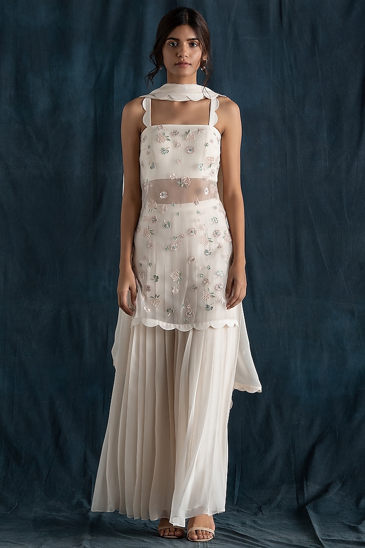 Ivory Georgette Pleated Sharara Set by Lavanya Ahuja