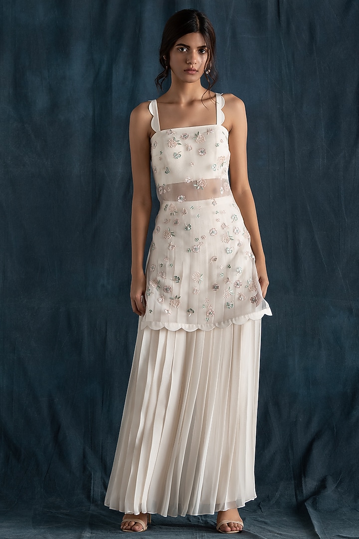 Ivory Georgette Pleated Wedding Sharara Set by Lavanya Ahuja at Pernia's Pop Up Shop