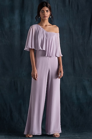 Lilac Georgette Jumpsuit With Attached Cape by Lavanya Ahuja
