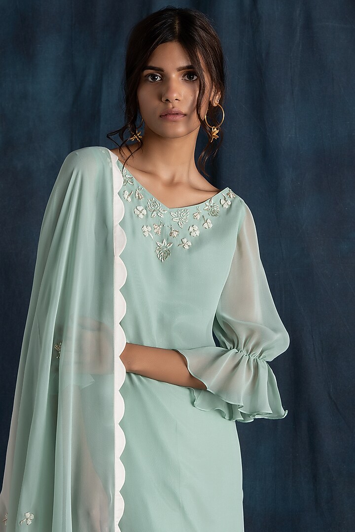 Mint Green Embroidered Kurta Set by Lavanya Ahuja at Pernia's Pop Up Shop