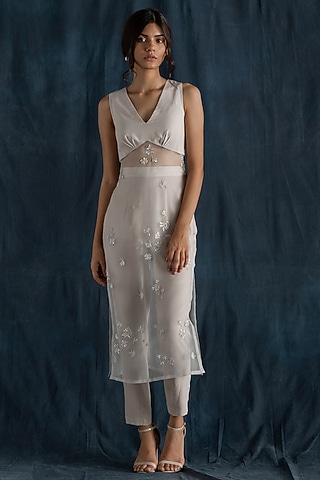 Soft Grey Embroidered Long Tunic Set by Lavanya Ahuja
