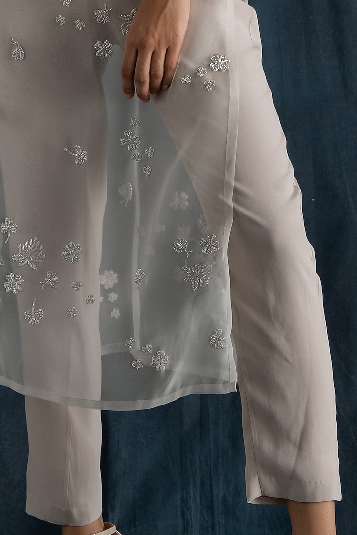 Soft Grey Embroidered Long Tunic Set by Lavanya Ahuja at Pernia's Pop Up Shop