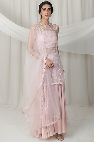Rosewater Pink Satin Flared Sharara Set by Lavanya Ahuja