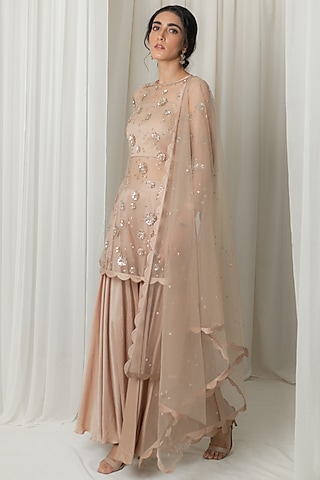 Dust Gold Satin Flared Sharara Set by Lavanya Ahuja