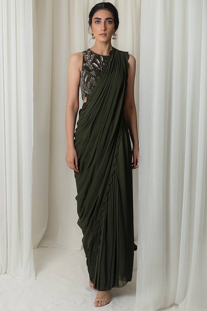 Dark Olive Pleated Pre-Stitched Saree Set by Lavanya Ahuja