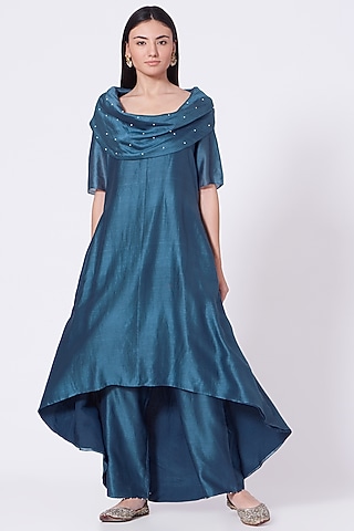 Peacock Blue Hand Embroidered Kurta Set by Lavisha Jain