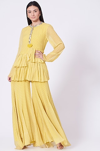 Pineapple Yellow Chiffon Sharara Set by Lavisha Jain