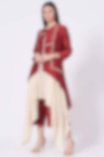 Cayenne Red Embroidered Open Jacket Set by Lavisha Jain