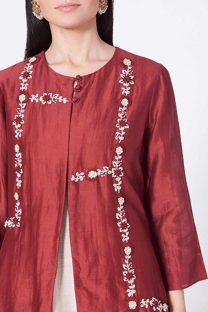 Cayenne Red Embroidered Open Jacket Set by Lavisha Jain at Pernia's Pop Up Shop