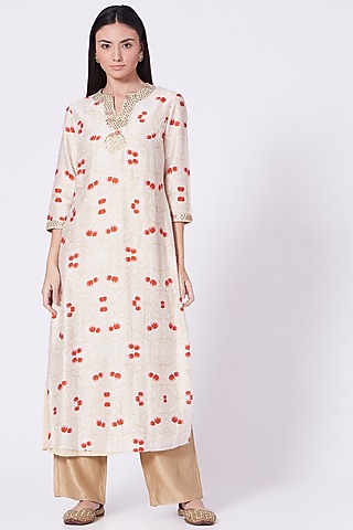 Nude Hand Embroidered Kurta Set by Lavisha Jain