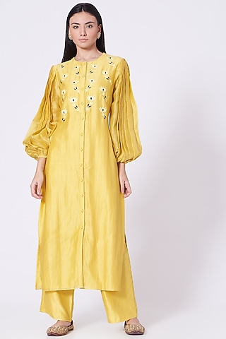 Sand Yellow Aari Embroidered Kurta Set by Lavisha Jain