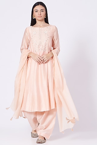 Light Rose Pink Embroidered A-Line Kurta Set by Lavisha Jain