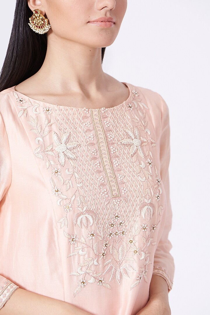Light Rose Pink Embroidered A-Line Kurta Set by Lavisha Jain at Pernia's Pop Up Shop