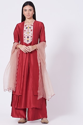Dark Red Embroidered Kurta Set by Lavisha Jain