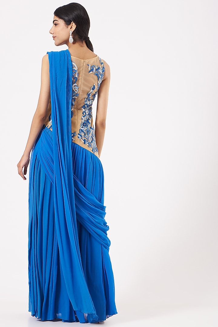 Cobalt Blue Hand Embroidered Saree Engagement Gown by LAXMISHRIALI at Pernia's Pop Up Shop