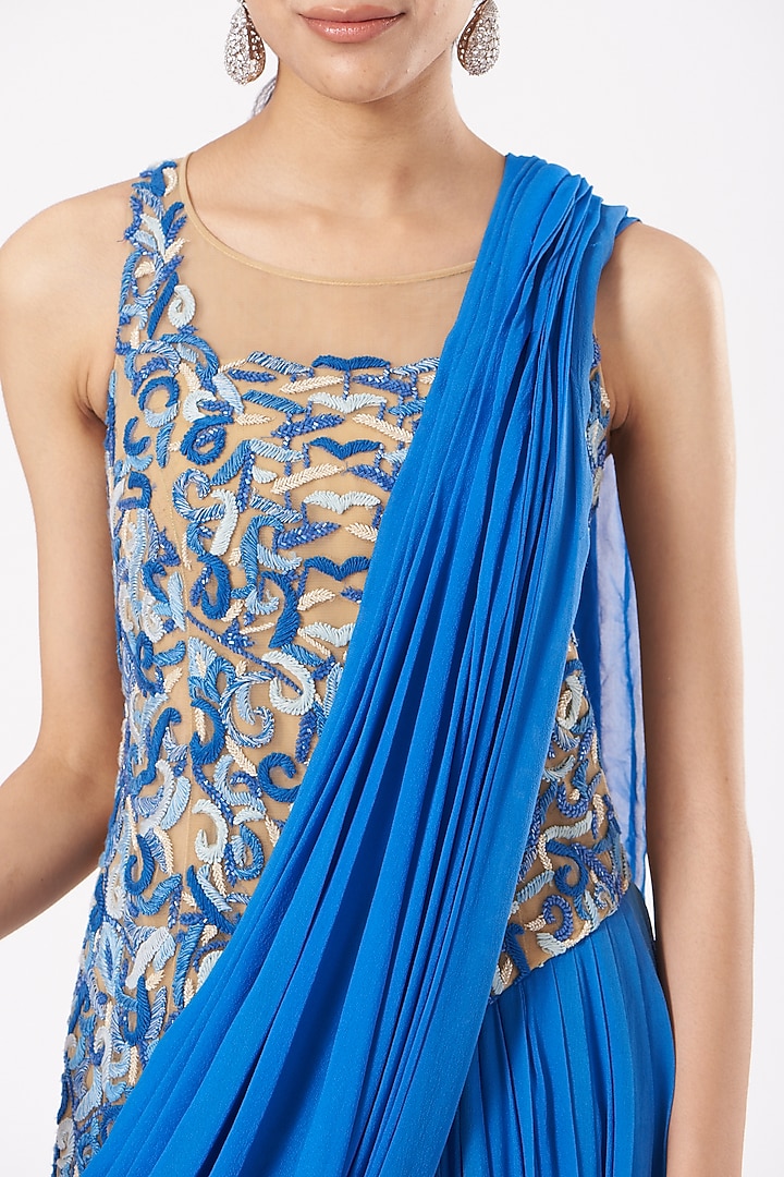 Cobalt Blue Hand Embroidered Saree Engagement Gown by LAXMISHRIALI at Pernia's Pop Up Shop